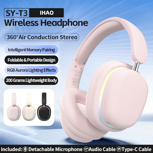IHAO Luxury Wireless Over-Ear Bluetooth Headset with Active Noise Cancellation Detachable Extent Gaming Mic Foldable Rotatable Design Lightweight-SY-T3 Headset Pink - color: SY-T3 Headset Pink