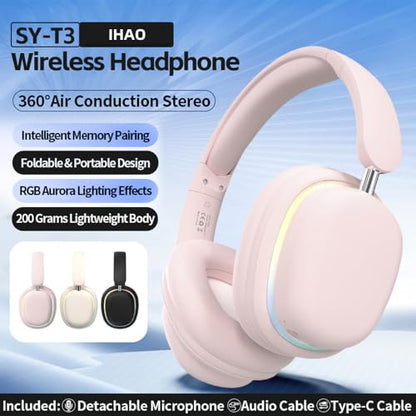 IHAO Luxury Wireless Over-Ear Bluetooth Headset with Active Noise Cancellation Detachable Extent Gaming Mic Foldable Rotatable Design Lightweight-SY-T3 Headset Pink - color: SY-T3 Headset Pink