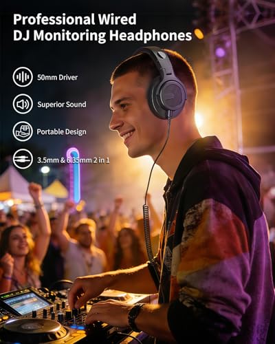 Wired Over Ear Headphones, DJ & Studio Monitor Headphones with 50mm Driver, Stereo Headsets with 1/4 and 3.5mm Jack for Recording Mixing Podcast Keyboard Guitar Laptop - Black