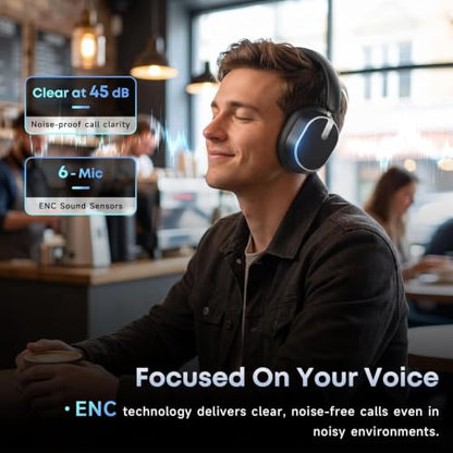 Hybrid Active Noise Cancelling Bluetooth Headphones Wireless Headphones | Over Ear, 120H Playtime, Hi-Res Audio, Deep Bass, Memory Foam Ear Cups for Home Office Travel Foggy Black