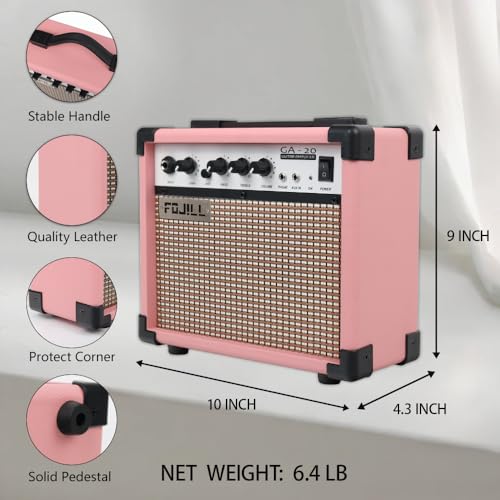 Fojill 20W Watt Electric Guitar Amplifier Amp Practice Small Portable Travel Mini Amp with 3.5 Headphone Jack Aux Distortion Gain Treble Bass Volume (Pink, 20W) - color: Pink