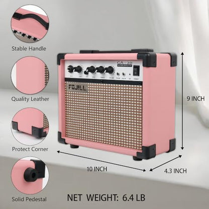 Fojill 20W Watt Electric Guitar Amplifier Amp Practice Small Portable Travel Mini Amp with 3.5 Headphone Jack Aux Distortion Gain Treble Bass Volume (Pink, 20W) - color: Pink