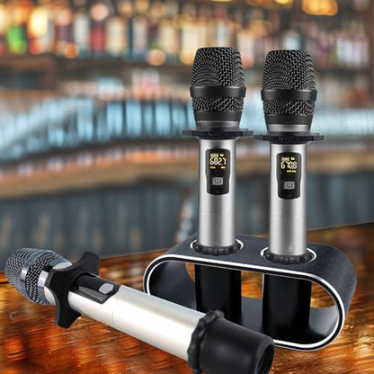 Desktop Microphone Holder for Organize and Display 2 Wireless Mics | Aluminum Alloy, inlcuded 2 Rubber Anti-roll Rings and Anti-scratch Sleeves, for Home Singing, Party, Karaoke, Theater, Salon