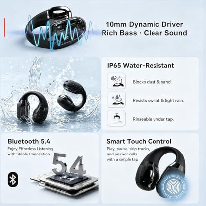 Open Ear Clip-On Earbuds, Bluetooth 5.4 Wireless Headphones IP65 Waterproof Lightweight 16H Playtime Touch Control Earphones Comfort Design for Small Ears&Glasses - color: Black