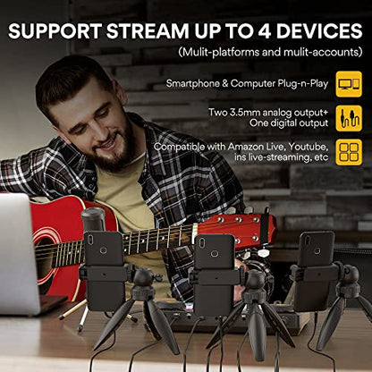 MAONO Podcast Equipment Bundle with Audio Mixer & 3.5mm Mic for Streaming | All-in-one audio production, PC and smartphone-compatible, 4 custom soundpads, for creators, home podcast setup AU-AM200-S1 - color: AU-AM200-S1 Black