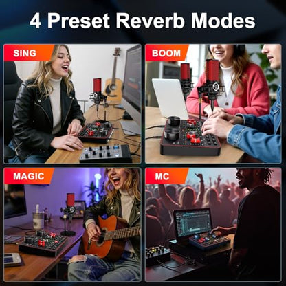 Audio Mixer, Sound Board for Pc/Phone Live Streaming Singing Gaming, Audio Interface for 3.5mm Microphone, Live Sound Card with DJ Mixer Effects & Voice Changer, Denoise, Bluetooth Podcast Mixer