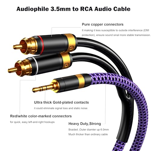 3.5mm Aux to RCA Audio Cable Audiophile 24K Gold-Plated Pure Copper Shell Braided Hi Fi Stereo Y Cord for Smartphones MP3 Tablets Speakers HDTV Purple (3.5mm Straight to 2 RCA, 9.8FT/3m) - size: 9.8 ft, style: 3.5mm Straight to 2 RCA