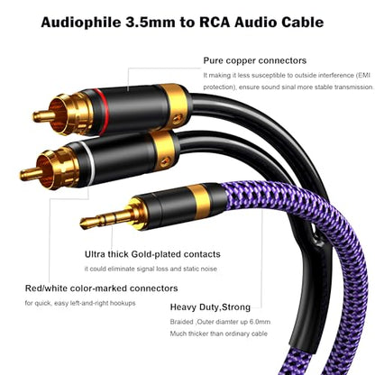 3.5mm Aux to RCA Audio Cable Audiophile 24K Gold-Plated Pure Copper Shell Braided Hi Fi Stereo Y Cord for Smartphones MP3 Tablets Speakers HDTV Purple (3.5mm Straight to 2 RCA, 9.8FT/3m) - size: 9.8 ft, style: 3.5mm Straight to 2 RCA