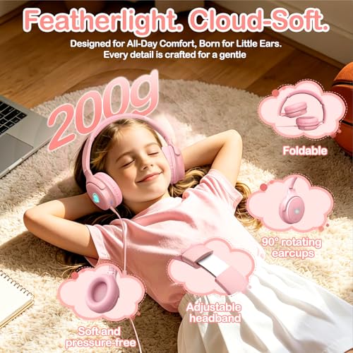 Kids Headphones Wired with HD Mic, USB C Headphones, Over Ear Headphones | LED Lights, 94dB Volume Limit, Stereo Sound Portable Foldable Lightweight for School/iPad/Tablet/Airplane Travel/Toddler - color: Pink