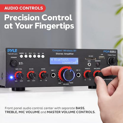 Pyle Wireless Bluetooth Power Amplifier System - 200W Dual Channel Sound Audio Stereo Receiver w/ USB, SD, AUX, MIC IN w/ Echo, Radio, LCD - For Home Theater Entertainment via RCA, Studio Use - PDA6BU