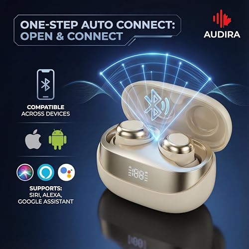 AUDIRA Mini Wireless Sleep Earbuds for Side Sleepers, Bluetooth 5.4 in-Ear Ear Buds with Noise Cancelling, IPX4 Waterproof Headphones, Touch Control, Digital Display Charging Case – Biege - color: Beige