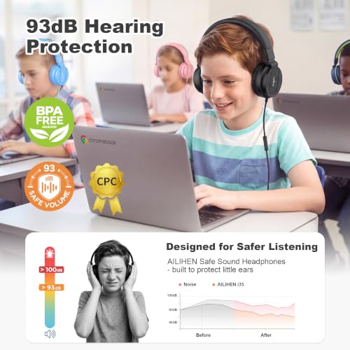 AILIHEN I35 Kids Headphones for School with Mic, 93dB Volume Limited, Black | Wired On Ear Headphones for Boys Girls, Foldable Lightweight Headphone for Classroom Learning & Entertainment Travel Computer - color: Jet Black