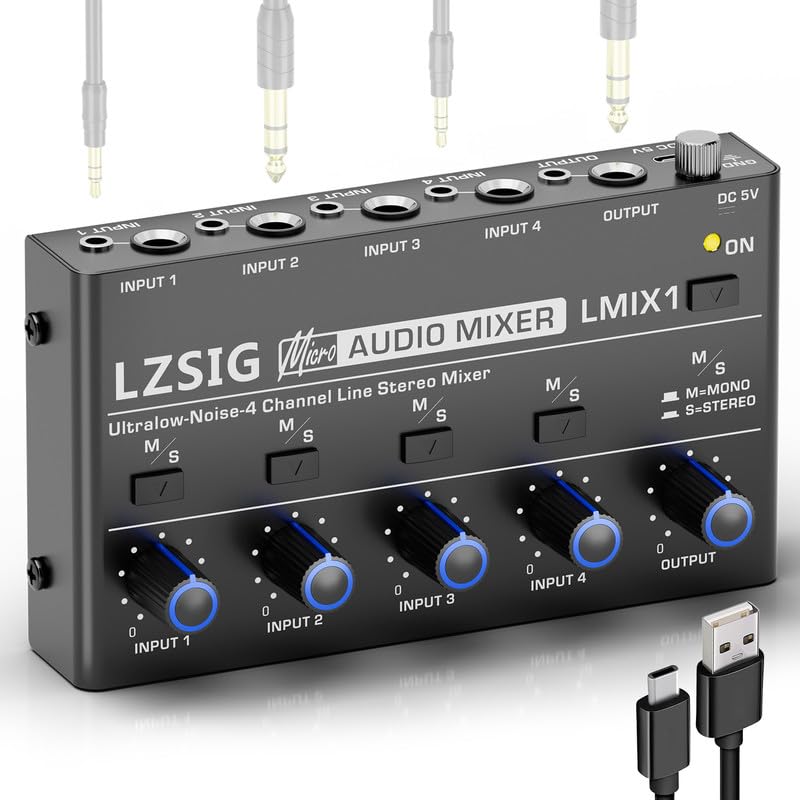 LZSIG Mini Audio Mixer, Ultra Low-Noise, 4-Channel, 4 IN 1 OUT | Stereo Line Mixer for Sub-Mixing, 1/4" & 1/8" TS & TRS Output and Input for Electronic Drum, Guitars, Bass, Keyboards