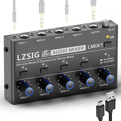 LZSIG Mini Audio Mixer, Ultra Low-Noise, 4-Channel, 4 IN 1 OUT | Stereo Line Mixer for Sub-Mixing, 1/4" & 1/8" TS & TRS Output and Input for Electronic Drum, Guitars, Bass, Keyboards