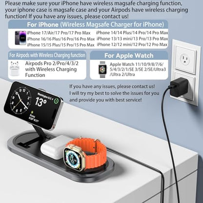 3 in 1 Fast Wireless Charger Stand for iPhone, Foldable Travel Charging Station for Magsafe for iPhone 17/Air/16/15/14/13/12 Series, Apple Watch Serie, AirPods pro/2/3/4, 2025 Christ mas Gifts (Black) - color: Black