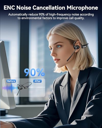 Open Ear Headphones with Mic, Bluetooth Headset with AI Noise Cancellation Microphone Air Conduction Headphones Bluetooth 5.4 Wireless Headset with Mic for Work Call Meeting Driving Sports（Black）