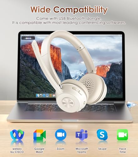 Soothielec Wireless Headset, Bluetooth Headset with Noise Cancelling Microphone, Best Headphones with Mic Mute & USB Dongle for PC/Computer/Laptop/Cell Phones/Remote Work/Call Center (Beige)