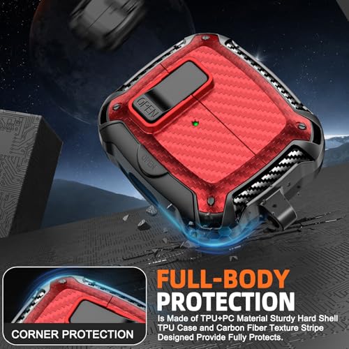 Safety Lock Case for Samsung Galaxy Buds3 FE/Pro/3 (RED) | Compatible with MagSafe, Carbon fibre texture Design,with Phone Stand& Cleaning kit,Keychain, - color: A-A-b-Red