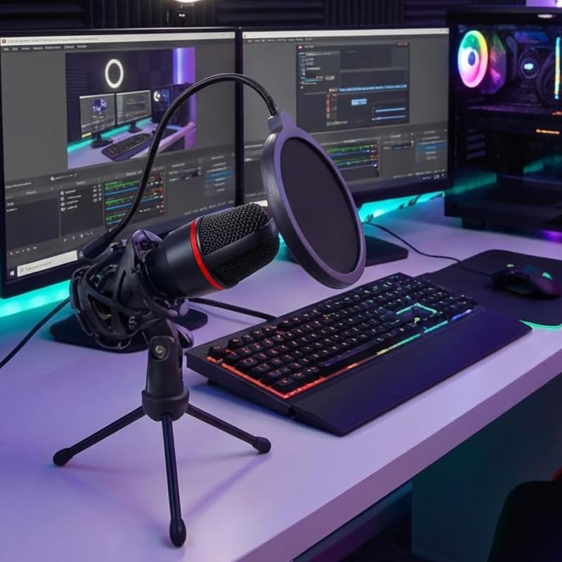 USB Microphone with RGB Light and Tripod Stand for Streaming Podcast Recording Gaming on PC Laptop