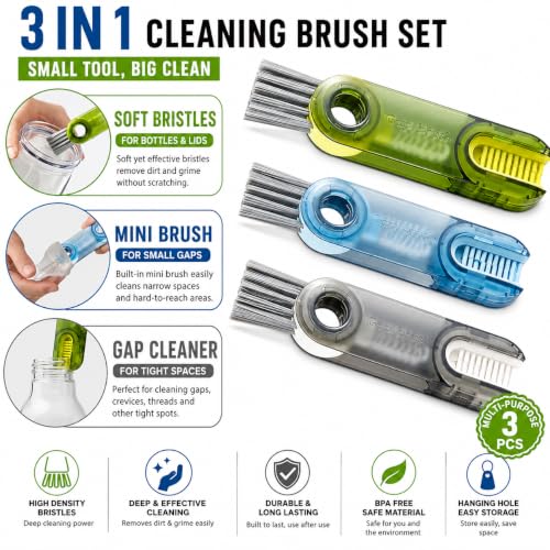 3-in-1 Cleaning Brush for Cups, Bottles & Keyboards, Multifunctional Detail Cleaning Tool for Lids, Gaps, Earbuds & Hard-to-Reach Areas, Compact Portable Cleaning Kit for Home, Office & Travel.