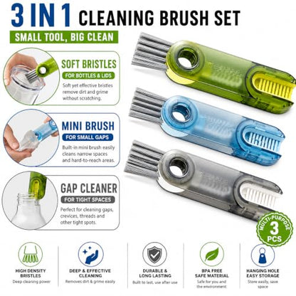 3-in-1 Cleaning Brush for Cups, Bottles & Keyboards, Multifunctional Detail Cleaning Tool for Lids, Gaps, Earbuds & Hard-to-Reach Areas, Compact Portable Cleaning Kit for Home, Office & Travel.