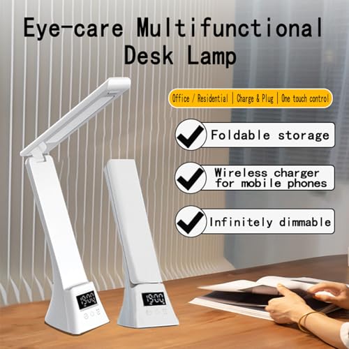 IHAO 3in1 Foldable Eye-Care Desk Lamp with 15W Wireless Charger & Digital Clock Touch Control, 3 Color Temperatures, Alarm, 180° Foldable, Phone Stand, Modern LED Table Lamp TYV-2088 White - color: Table Lamp TYV-2088 White