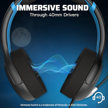PDP Gaming AIRLITE Stereo Headset with Mic for Nintendo Switch/Lite/OLED - Wired Power Noise Cancelling Microphone, Lightweight, Soft Comfort On Ear Headphones (Moonlight Black/Blue) - color: Black and Blue