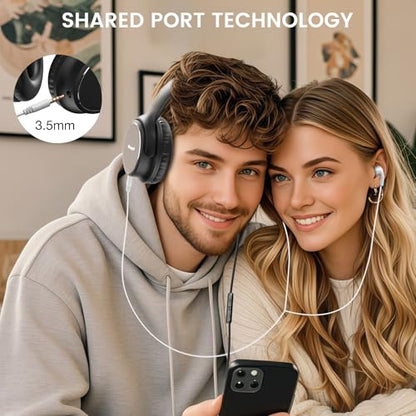 USB C Wired Over-Ear Headphones with Microphone | Volume Control, Share Port, Adjustable Headband Foldable Stereo Headset for Adult/Teens for iPhone 16, Laptop, Gaming, Travel - color: Black