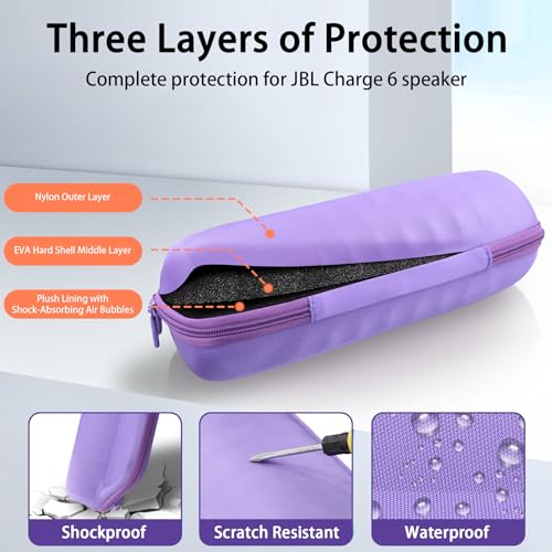co2CREA Case for JBL Charge 6 Portable Bluetooth Speaker, Purple | High-Density Foam Padding, Reinforced Handle, Detachable Shoulder Strap, Compact Lightweight Design, Dust Protection - color: Purple Case