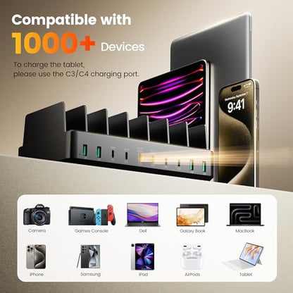 400W Charging Station for Multiple Devices, USB C Charger Organizer Dock | Dual 100W PD Ports, with 8 Cables,10 Port, 4 USB-A, 6USB-C, Compatible for MacBook iPhone iPad Laptop Cell Phone Tablet
