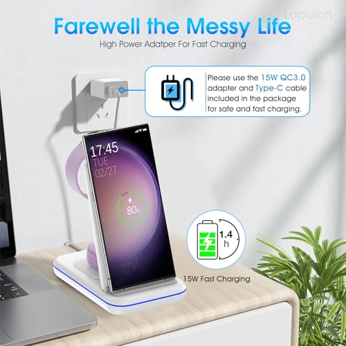 Wireless Charging Station for Samsung/Android, Fast Wireless Watch Charger Station Compatible for Samsung Galaxy S26 Ultra/S25/S24+/Z Flip 7/6 Fold 7/6, Watch8/7/Pro/Active 2 Galaxy Buds3/2 Pro(White) - color: White