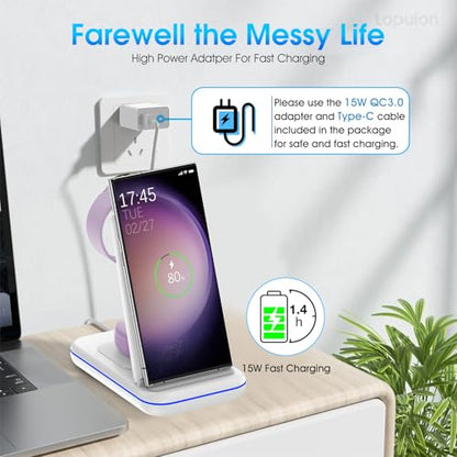 Wireless Charging Station for Samsung/Android, Fast Wireless Watch Charger Station Compatible for Samsung Galaxy S26 Ultra/S25/S24+/Z Flip 7/6 Fold 7/6, Watch8/7/Pro/Active 2 Galaxy Buds3/2 Pro(White) - color: White