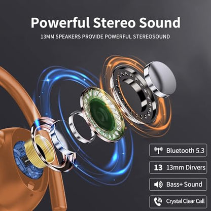 Wireless Earbuds, Headphones Sport Bluetooth 5.4, Over Ear Buds with ENC Noise Canceling Mic, Deep Bass Stereo Earphones with Hook, 50H Playback, LED Display Ear Buds for Workout Running, Deep Orange | 50H Playback, IP7 Waterproof Earphones for Workout R
