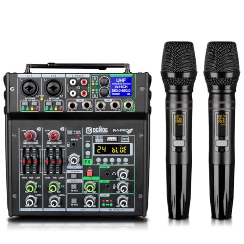 R4-PROS 4 Channel Karaoke Mixer with 2 Wireless Microphones, Bluetooth Audio Mixer Sound Board, Independent Dual Mic Volume Control, USB Mixer for Home KTV, Party, Live Streaming, Podcast
