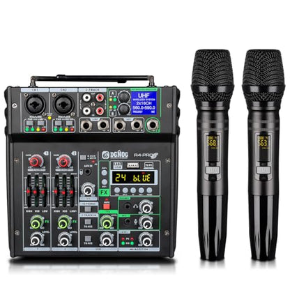R4-PROS 4 Channel Karaoke Mixer with 2 Wireless Microphones, Bluetooth Audio Mixer Sound Board, Independent Dual Mic Volume Control, USB Mixer for Home KTV, Party, Live Streaming, Podcast