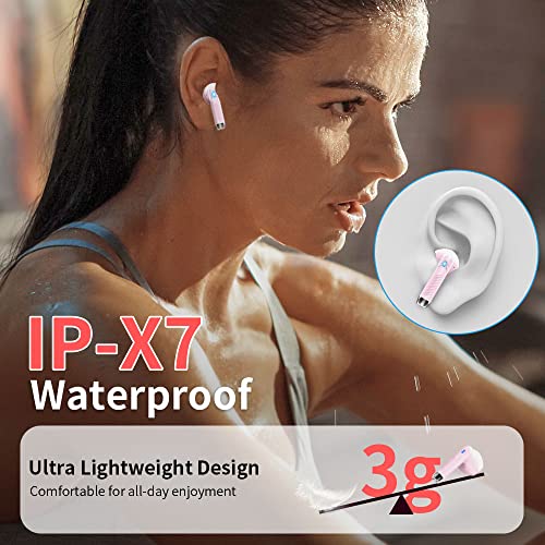 Wireless Earbuds, Bluetooth Headphones, Stereo Bass Ear Buds with ENC Noise Cancelling Mics,42H Bluetooth Earbuds with LED Display Charging Case, IP7 Waterproof Earphones for Android iOS/Light pink - color: Light pink