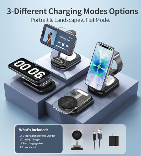 3 in 1 Magnetic Wireless Charging Station for Apple Devices | Fast Foldable Travel Charger Stand with Night Light for Mag-enabled iPhone 17 16 15 14 13 12 Series, Apple Watch/AirPods Pro - color: Upgraded Black