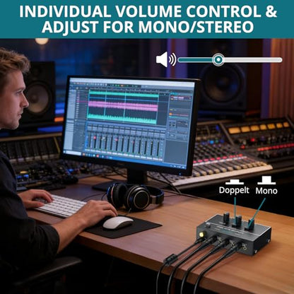 Mini Audio Mixer, 2 Channel Stereo Line Mixer 1/4" & 1/8" TSR Audio Output Input Jack, Line Mixer Stereo/Mono Independent Control and Switch for Guitars,Bass,Keyboards, Dynamic Microphone - size: Small(2-channel)