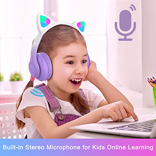 Kids Bluetooth Wireless Over-Ear Cat Ear Headphones with Microphone for Kids Teens Adults (Pro-Purple) | Cat Ear Headphones for Girls/Teenagers/Adults - color: New Purple