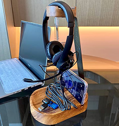 Headphone & Phone Stand, Dual Acacia Wood Holder with Tray, Desk Organizer | Solid wood headset & phone stand with tray for gaming & home office desks, universal fit for most headphones & cell phones - style: Wooden Headset Cell Phone Holder
