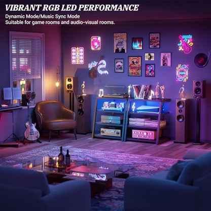 4-Tier AV Media Stand with Power Strips, Stereo Stand with LED Lights, Rack Audio Tower with Adjustable Shelves, Small Entertainment Center, 30'', Black Ebony | Corner Shelf Stand with Power Strip & LED Lights, Audio Tower HIFI Rack Stereo Shelf CRT TV St