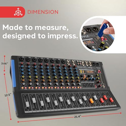Pyle 12-Channel Console Style Audio Mixer with Bluetooth - DJ Sound Controller, 8 XLR / Combo Inputs, Sub Out, +48V Phantom, USB-A In, 16 DSP Effects, MP3 Player, 7-Band EQ - PMXU128BT - style: 12 Channel Pro