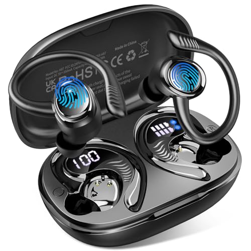 Hupoaf Wireless Earbuds Sport, NEW Bluetooth 5.4 Headphones with Earhooks, 50H Stereo Deep Bass Over Ear Buds with 4 ENC Noise Canceling Mics, IP7 Waterproof Earphones for Running Workout Gym -Black - color: B-Glossy black