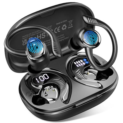 Hupoaf Wireless Earbuds Sport, NEW Bluetooth 5.4 Headphones with Earhooks, 50H Stereo Deep Bass Over Ear Buds with 4 ENC Noise Canceling Mics, IP7 Waterproof Earphones for Running Workout Gym -Black - color: B-Glossy black