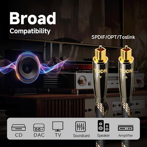 TODN 6.5ft Optical Audio Cable Digital Fiber Optic Toslink S/PDIF Cable | POF Conductor, 24K Gold-Plated Plugs, Pure Copper Shell, Audiophile HiFi Surround Sound System for TV, PS4, Xbox, CD - size: 6.5ft/2m