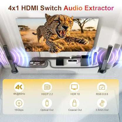 4 Ports 4K HDMI Switch Audio Extractor with Optical Toslink SPDIF/Coaxial / 3.5mm L/R Audio Out, 4 in 1 Out HDMI 2.0b Switcher with Remote Control Support ARC, HDR, HDCP 2.2, 18Gbps, 3D