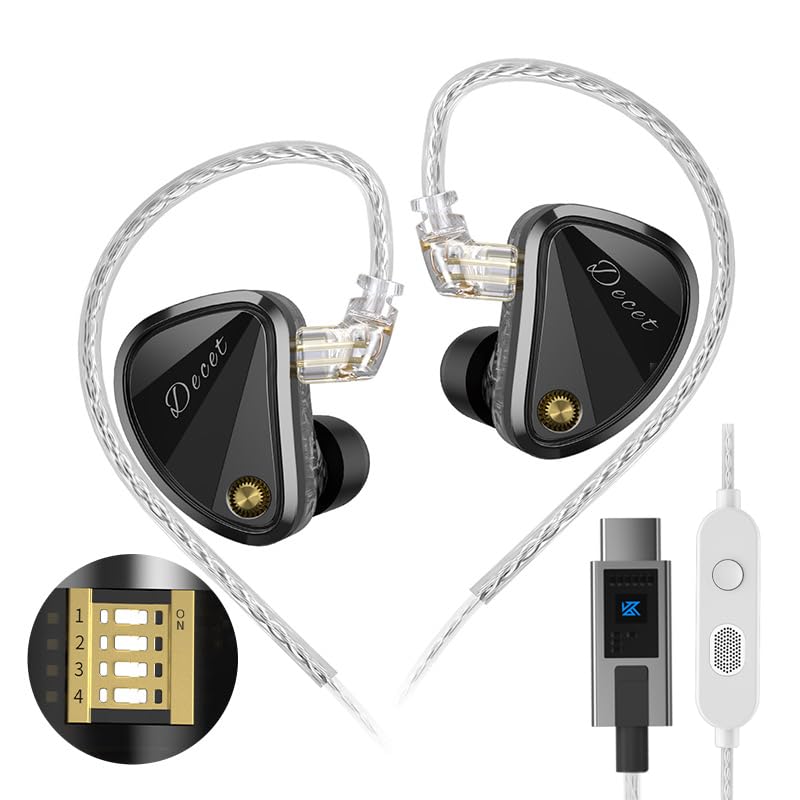 KZ Decet USB C Headphones, 5 Dynamic Driver in-Ear Monitors with 4 Tuning Switches, Clarity in All Frequency Stereo Sound Comfortable Noise Isolating Earbuds Built-in DSP with EQ (Tuning, DSP) - color: DSP, style: Tuning