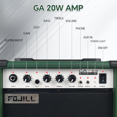 Fojill 20W Watt Electric Guitar Amplifier Amp Practice Small Portable Travel Mini Amp with 3.5 Headphone Jack Aux Distortion Gain Treble Bass Volume (Geen, 20W) - color: Green