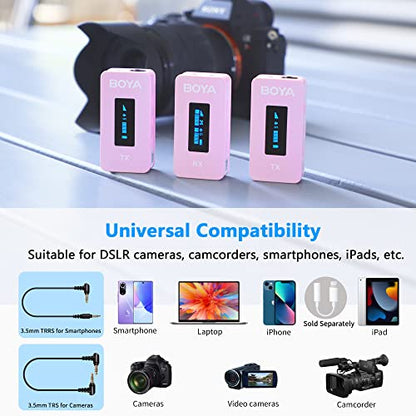 BOYA BY-XM6-K2P Dual Wireless Lavalier Microphone System with 2 Transmitters for DSLR Camera Camcorder Smartphones in Vlog YouTube Video Facebook Live (Pink)