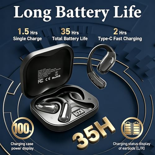 Open Ear Headphones, Wireless Headphones with Smart Digital Display & Mic | (Black) Open Ear Earbuds 35H Playtime, Sweat Resistant & Waterproof, Secure Comfortable Fit - Running, Sport, Driving, Daily - color: Black